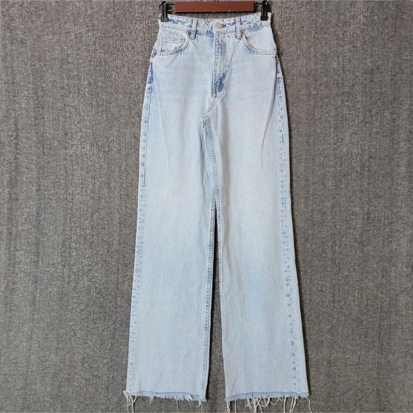 ZARA Jeans Womens 2 Blue Marine Straight Wide Leg High Waist Raw Hem - Picture 1 of 12